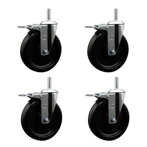 6 Inch Phenolic Swivel 58 Inch Threaded Stem Caster Set with Total Lock Brake
